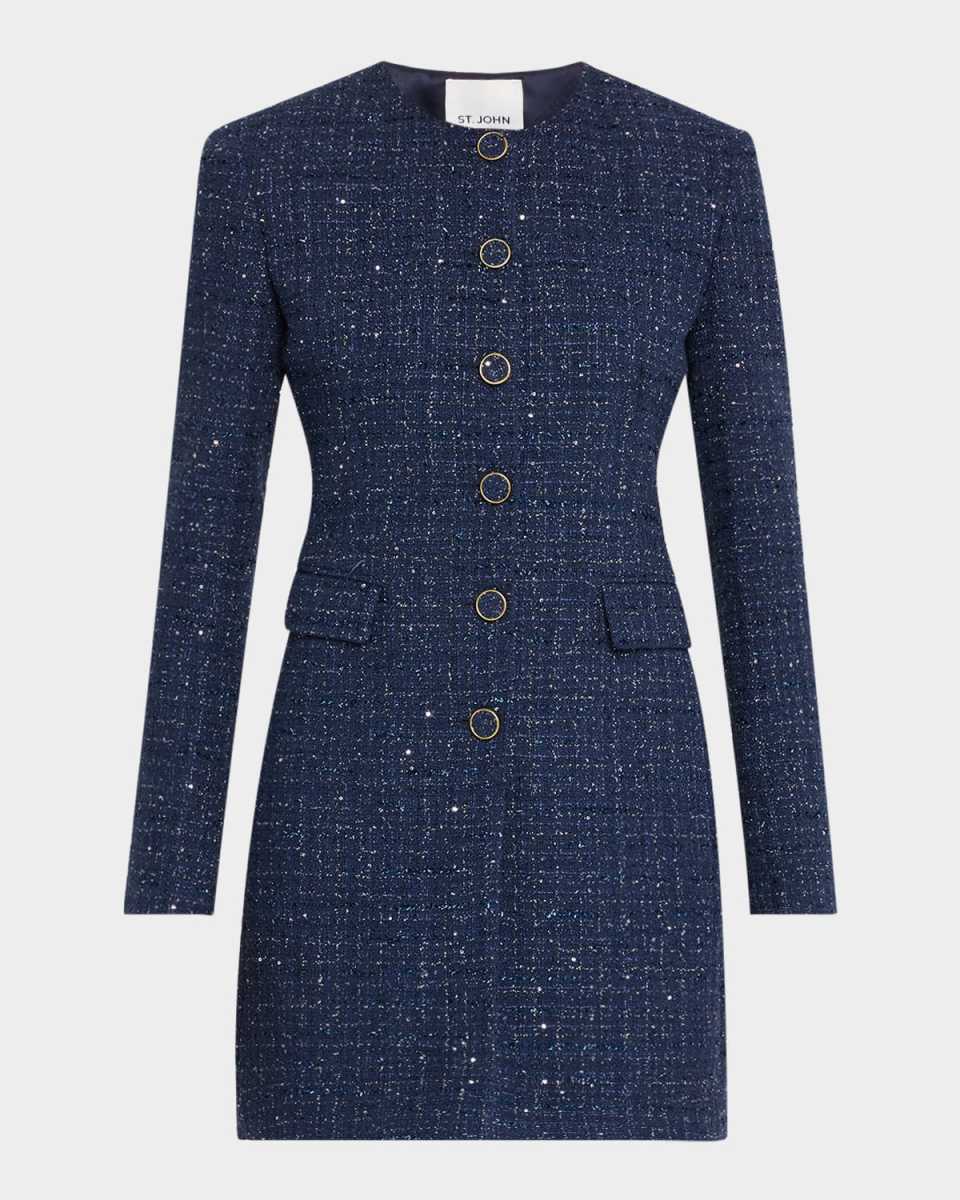 Sequined Micro Check Tweed Long Jacket